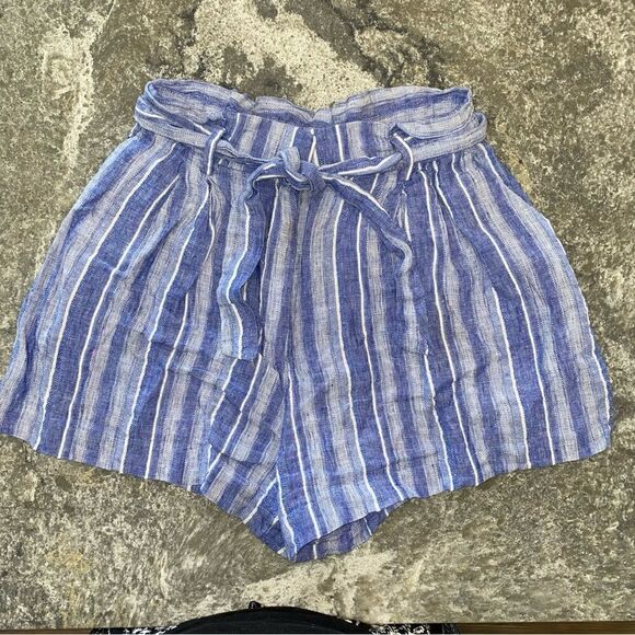 Womens Linen Blend Striped High Rise Tie Waist Casual Shorts Blue White Size 6 - Picture 1 of 7